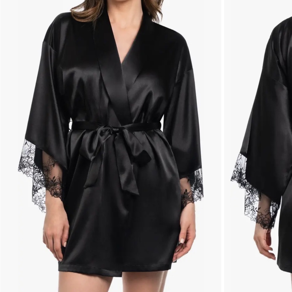 Nordstrom Black Satin Robe with Lace Sleeves